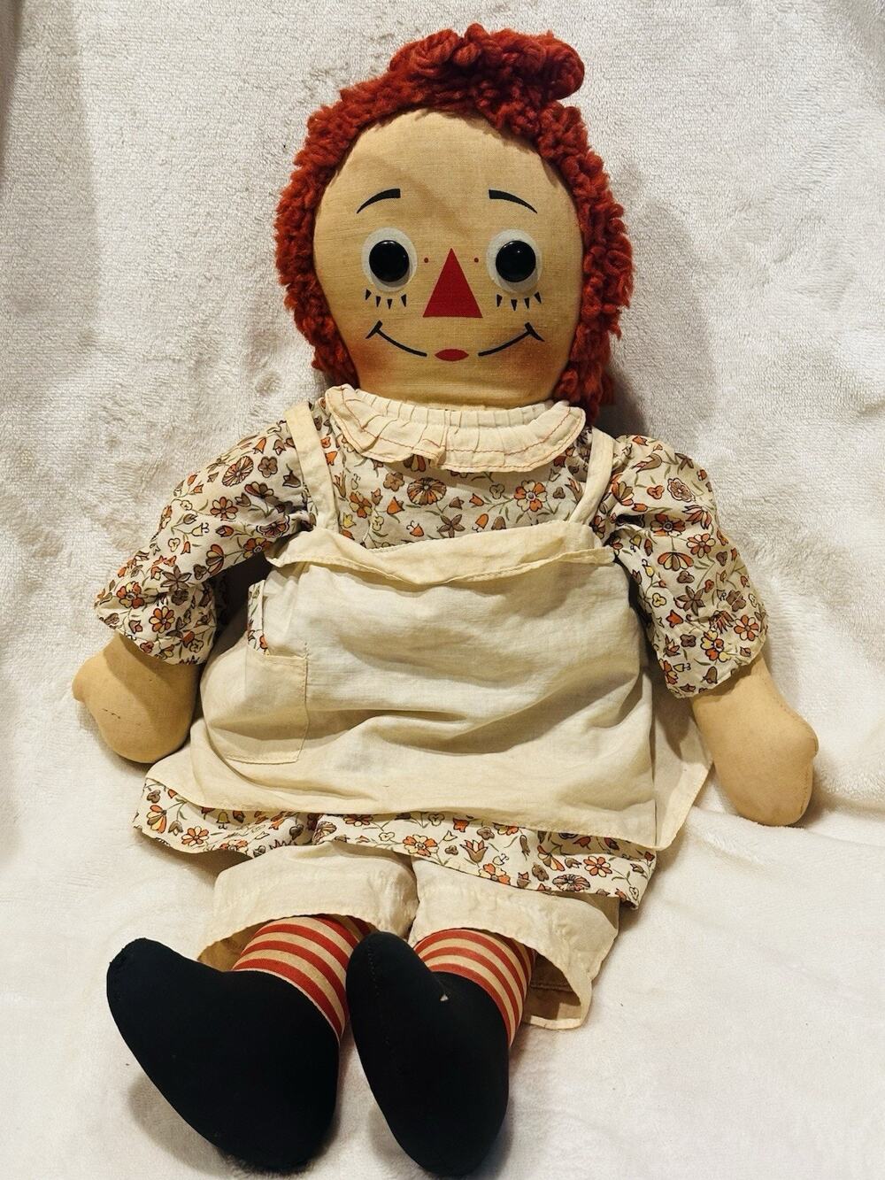 Vtg Annabelle 1960s Knickerbocker RAGGEDY ANN DOLL Floral Dress 21” w/ Apron Toy